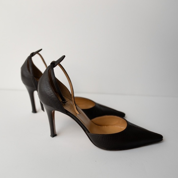 Max Mara Genuine Leather Brown Pointed Toe Ankle Stap Heels - Size 38 (7.5) - Picture 1 of 11